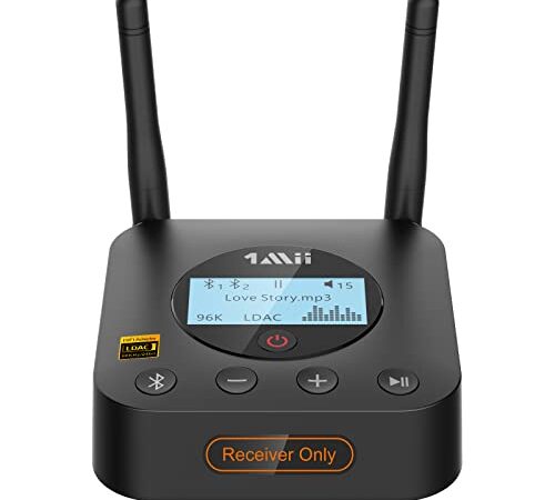 1Mii B06Pro+ Ricevitore Bluetooth HiFi, Adattatore Audio Wireless Bluetooth 5.1 Hi-Res LDAC per Stereo, Aptx HD& Bassa Latenza, con Uscita Ottica/AUX, Controllo del Volume, Display LCD, Lungo Raggio