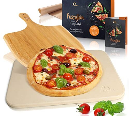 AMAZY Pietra refrattaria per Pizza da Forno, incl. Pala in bambù, Carta da Forno Riutilizzabile e Ricettario –Pietra Pizza dal Sapore Italiano (38x30x1,5cm)