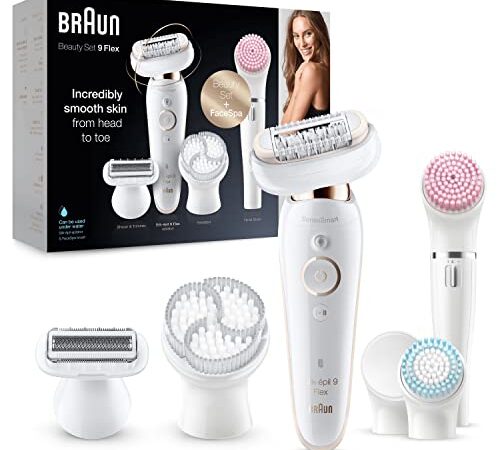 Braun Silk-épil 9 Flex Depilatore Donna Epilatore con Testina Flessibile, Spazzola Esfoliante Corpo, Spugnetta Make Up, SES9100 Bianco e Oro