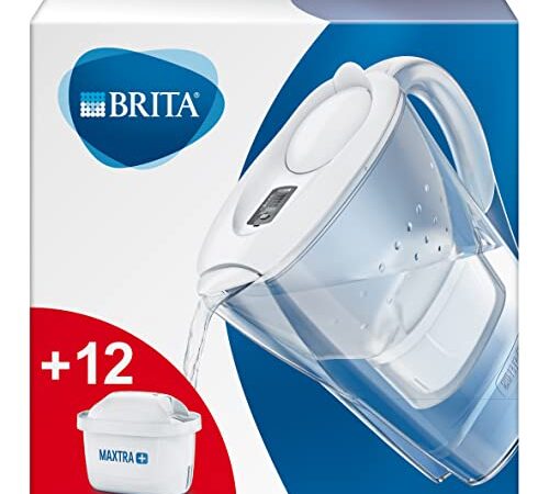 BRITA Caraffa Filtrante Marella per acqua, Bianco (2.4l) - Pacchetto annuale incl. 12 Filtri MAXTRA+ per la riduzione di cloro, calcare e impurità