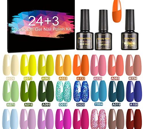 CHARMNAIL 27 Pz 8ml Smalti Semipermanenti per Unghie, Smalto Semipermanente in Gel UV LED con Base Coat e Glossy & Matt Top Coat, Smalti Gel per Unghie Professionali Kit