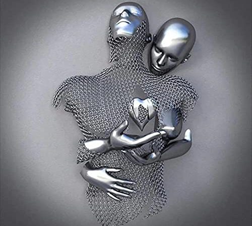 CZYSKY Scultura astratta da parete in 3D, con cuore e innamorati, in metallo, su tela, dipinto, decorazione da parete per soggiorno, camera da letto, ufficio, argento (A-Silver), 50 x 50 cm