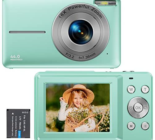 Fotocamere Digitali Compatte 1080P FHD Macchina Fotografica 44 MP 2,4 Pollici LCD Schermo Ricaricabile Vlogging Mini Video Fotocamer Digitale per Bambini, Studenti, Adulti, Principianti(Verde)