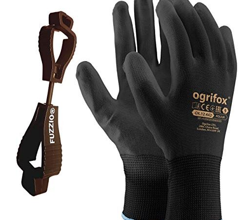 FUZZIO 24 paia di guanti da lavoro rivestiti poliuretano e supporto clip per guanti (XL -10, Nero)