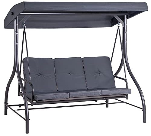 Hortan Dondolo Altalena XL 3 Posti Con Funzione Letto, Tetto Parasole Regolabile, Struttura In Acciaio E Tessuto Impermeabile, Per Arredo Giardino, Terrazzo e Balcone