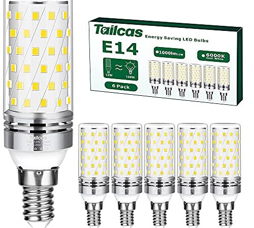 Lampadine LED E14 12W, 6 pezzi Luce Bianca Fredda 6000K, Equivalente 100W Lampada Alogena, 1000lm, Non Dimmerabile Nessun Sfarfallio Risparmio Energetico Lampadina E14,CA 220-240V (Bianco Freddo)