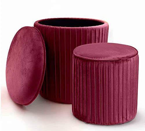 Norbe Set di 2 Pouf Contenitore Velluto Cilindro Sgabello a Coste Poggiapiedi Scrivania Toeletta Trucco Poltroncina Bimbi Da Camera o Salotto poggia piedi Comodino poltrona Flu (Vinaccia)