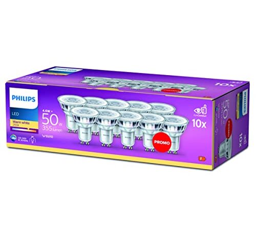 Philips Faretto LED, 10 pz, equivalente a 50W, attacco GU10, Luce Bianca Calda, non dimmerabile