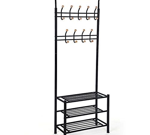 SONGMICS Stand Appendiabiti Nero Attaccapanni con Scarpiera a 3 Ripiani Porta Abiti per Ingresso Altezza 187 cm HSR04B