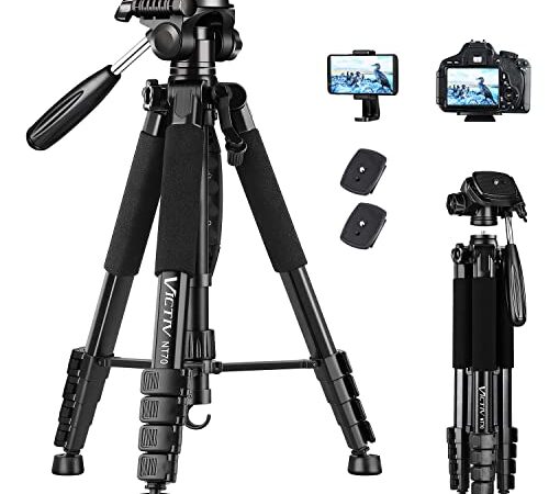 Treppiede Fotocamera e Smartphone(45-185 cm), Victiv Treppiede Leggero in Alluminio con Rimovibile Testa Girevole a 3 Vie, Treppiede Videocamera per Live Stream/YouTube (Nuovo Design)