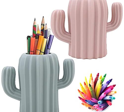 2 Pezzi Portapenne per Cancelleria, Portapenna da Scrivania, Portapenne per Pennelli, Creativo Divertente Forma Di Cactus Portamatite per Scrivania, Forniture Ufficio, Tavolo Trucco,Rosa, Verde