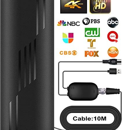 Antenna TV Interna Amplificata Potente,480KM Gamma 360° Ricezione del Segnale Digitale HDTV Antenne,Support 4K 1080P Tutti i Vecchi Smart TV,Cavo Coassiale Staccabile Alto Guadagno 10M