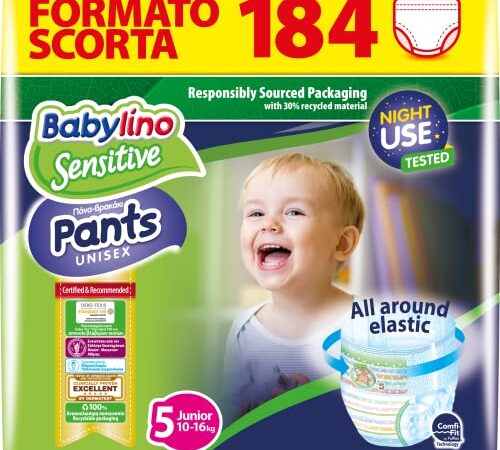 Babylino Sensitive Pannolini Mutandina Taglia 5, Pants Junior (10-16kg), 184 Unità