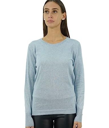 Brunella Gori Elegante T-Shirt  Girocollo  A Manica Lunga - Top Donna Estivo - Primavera/Estate - 100% Cotone Pima - Fatto in Italia - Azzurro, L