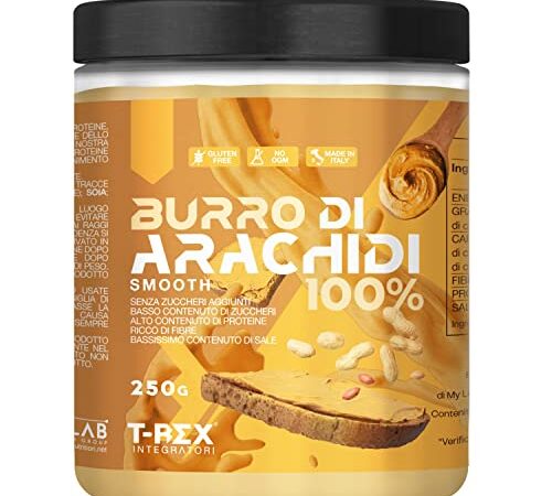 Burro di Arachidi Proteico, 100% Smooth 250g, 25% di Proteine - Senza Zucchero Aggiunto - Crema di Arachidi Tostate, Pelate e Macinate 100% Naturale - Ricco di Fibre - T-Rex Integratori