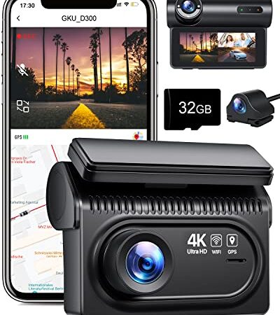 Dash Cam 4K WiFi GKU 3 Lent Telecamera per Auto, scheda SD inclusa,Super Visione Notturna,WDR,GPS,G-Sensor,Registrazione in Loop, Grandangolo 170°,24H Monitor di Parcheggio,Tipo-C,3,16 pollici Schermo