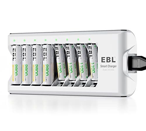 EBL Caricabatterie con 4 batterie ricaricabili AA + 4 batterie ricaricabili AAA, Caricabatterie per batterie ricaricabili AA AAA NI-MH NI-Cd, C9042W Caricabatterie con batterie ricaricabili