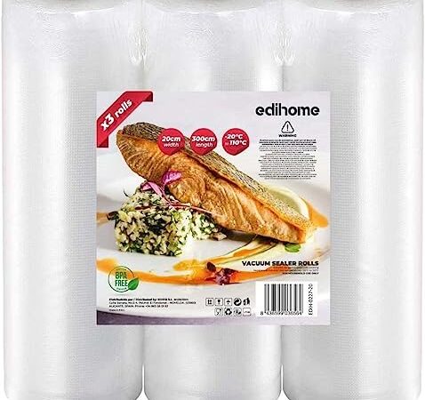 Edihome, Sacchetti Sottovuoto Alimenti, 20x300cm, 3 Rotoli, Buste, senza BPA, non riutilizzabili, Sous Vide, Sigillo del Cibo, Sacchi, Plastica (20x300cm)