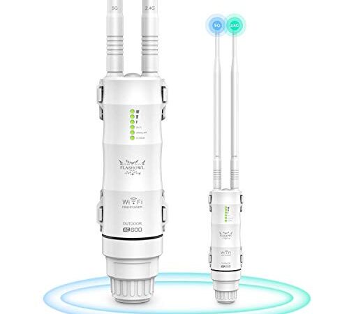 FLASHOWL Ripetitore WiFi da Esterno 600Mbps Estensore di Portata Wi-Fi Amplificatore di Segnale WiFi 2,4 G/5G Doppia Banda Router Esterno Punto di Accesso Antenne Resistenti alle Intemperie