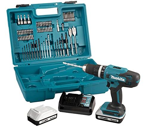 Makita HP488DAEX1 - Trapano avvitatore a percussione 13 mm + 2 batterie 18 V 2 Ah Li-ion + 74 accessori + cofanetto