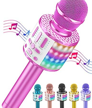 Microfono Karaoke Bluetooth, Microfoni Karaoke Wireless con LED Flash, Portatile Karaoke Player Bambini, Altoparlante, Cambia Voce, per KTV/Casa/Festa/Canto, Compatibile con Android/iOS