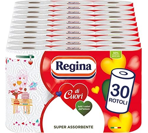 Regina di Cuori Carta Cucina | Confezione da 30 Rotoli a 2 veli | 50 fogli per rotolo | Grande Assorbenza, Spessa e Resistente | Carta 100% certificata FSC®