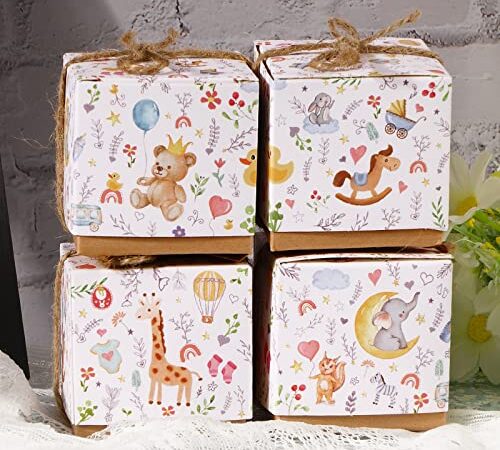 50pz Scatoline Portaconfetti Bomboniere Battesimo Scatole Carta Nascita Regalo Bambini con Corda Iuta Stampa Elefante Fiori Decorazione Confetti per Festa Battesimo Compleanno Matrimonio