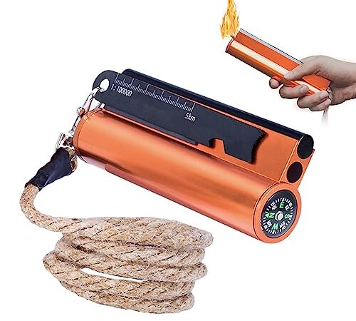 7 in 1 Pietra Focaia Kit Sopravvivenza XXL,17cm Accendifuoco in Magnesio con Raschietto Multiutensile, Bussola, Scatola Impermeabili, 20000Usi per Accessori Campeggio Trekking Bushcraft Montagna