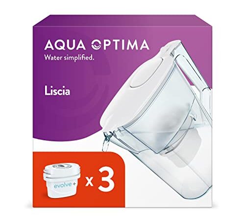 Aqua Optima Liscia Caraffa Filtro Acqua e Cartucce Filtro Acqua 3 x 30 Giorni Evolve+, Capacità 2,5 Litri, per Riduzione di Microplastiche, Cloro, Calcare e Impurità, Bianco