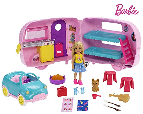 Barbie il Camper di Chelsea, PlaySet con Bambola, Veicolo, Roulotte e Tanti Accessori, Giocattolo per Bambini 3 + Anni, FXG90