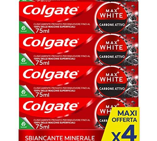 Colgate Dentifricio Sbiancante Max White Carbon 4 Confezioni da 75 ml I Dentifricio Minerale Delicato Al Carbone Attivo Per Denti Bianchil I Sbiancantemento denti I Bianco naturale