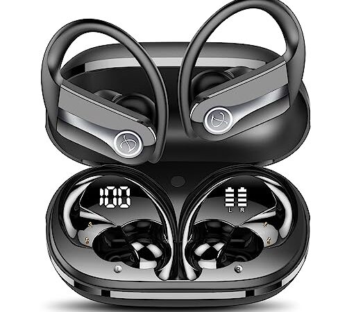 Cuffie Bluetooth Sport, Auricolari Bluetooth 5.3 con Stereo 3D Immersivo, Cuffie Wireless Incorporato HD Mic, Cuffiette Bluetooth IP7 Impermeabili, 50Ore, Cuffie Senza Fili con Display LED, Nero(2023)