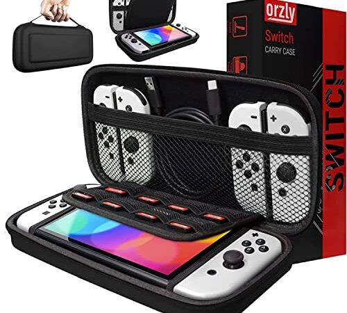 Custodia da trasporto Orzly compatibile con Nintendo Switch e New Switch Console OLED - Custodia protettiva da viaggio portatile rigida nera Custodia a conchiglia con tasche per accessori e giochi