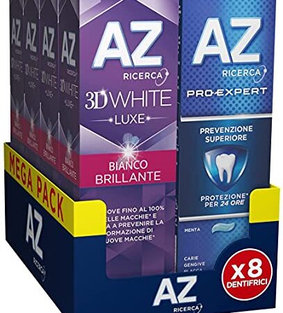 Dentifricio AZ 3D White Luxe & Pro Expert, con Azione Sbiancante Denti, Protegge contro la Placca, per una Pulizia Denti Profonda e un Bianco Brillante, Maxi Formato da 4 + 4 Confezioni X 75ml