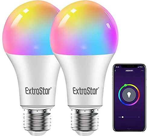 EXTRASTAR Lampadine Smart intelligenti Led E27 WiFi, 10W 1000Lm Luci Calde/Fredde e 16 Milioni di Colori, Compatibile Con Alexa, Google Home e con timing- Pacco da 2