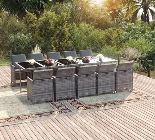 Festnight Set da Pranzo per Giardino 11pz con Cuscini, Set Giardino Esterno, Set Tavolo E Sedie Da Giardino, Tavolo Da Giardino Con Sedie, Polyrattan Grigio