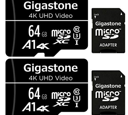 Gigastone Scheda di Memoria Micro SDXC da 64 GB e Adattatore SD, Set da 2, A1 U3 4K, Fino a 90 MB/s di Lettura, 30 MB/s di Scrittura per Videocamere Tavoletta Dashcam GoPro Canon Nikon DJI Drone