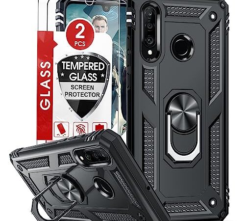 LeYi Cover per Huawei P30 Lite con 2 Pellicola in Vetro Temperato, 360° Rotante Anello Magnetica Supporto Difesa Militare TPU Case Silicone Custodia per Huawei P30 Lite /P30 Lite New Edition Nero