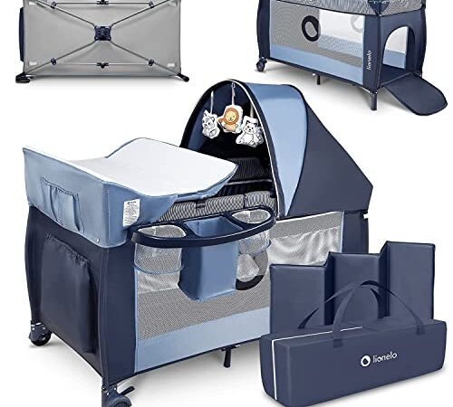 LIONELO Sven Plus 2in1 Box bambini dalla nascita fino a 15kg Lettino pieghevole con Fasciatoio baldacchino, Giocattoli Pendenti, Ingresso laterale aggiuntivo, Sistema LockGuard, Zanzariera e Rotelle