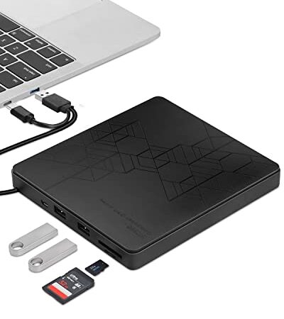 Maxesla Lettore CD Esterno per PC Portatile USB 3.0 Type-C, Masterizzatore DVD Esterno con 1 Slot per Schede SD, 1 TF e 2 Portas USB, DVD 8XCD 24XSuper Veloce, Basso Rumore Lettore DVD Esterno, PC Mac