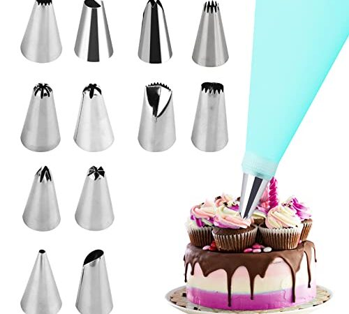 MXTIMWAN sac a Poche in Silicone Riutilizzabile Lavabile, 12 Beccucci Piccoli in Acciaio Inox per Decorare Torte, Dolci, Biscotti, Cupcake e Pasticceria (Blu)