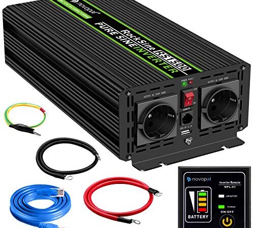 Novopal-Power Inverter Onda Sinusoidale Pura 1500W 3000W Trasformatore di Potenza Convertitore- DC 12v in AC 220v 230v 240v Invertitore di Tensione-2 EU Presa con Uscita USB-5 Metri di Telecomando