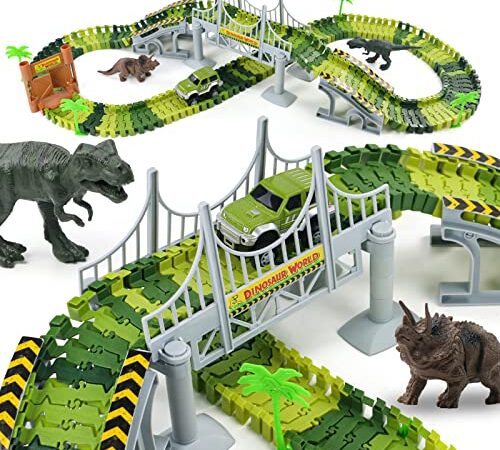 Nuheby Pista Macchinine Dinosauro Giocattolo Auto Giocattolo Pista Flessibile con Blocchi Traccia,Pista Macchinine Regalo Bambina Bambino Giochi Bambini 3 4 5 6 7 Anni