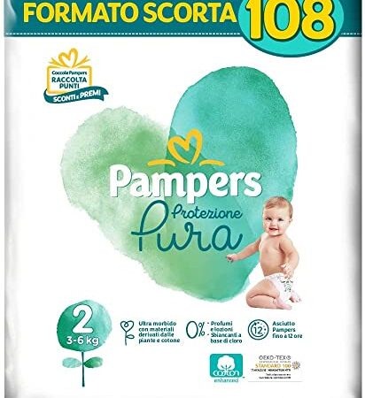 Pampers Protezione Pura (Naturello), 108 Pannolini Contenenti Cotone e Materiali Naturali Derivanti dalle Piante, 0% Profumo, Taglia 2 (3-6 Kg)