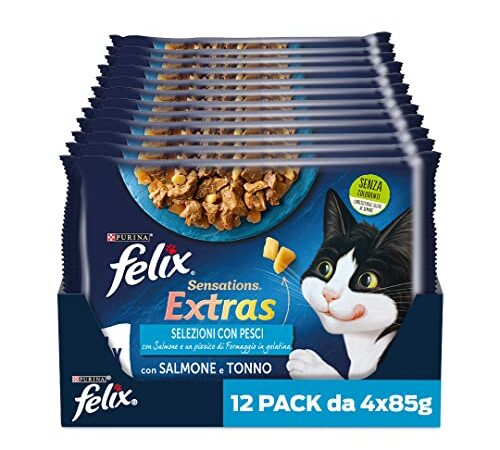 Purina Felix Sensations Extras Cibo Umido per Gatti con Salmone e Formaggio, con Tonno e Formaggio, 48 buste da 85g