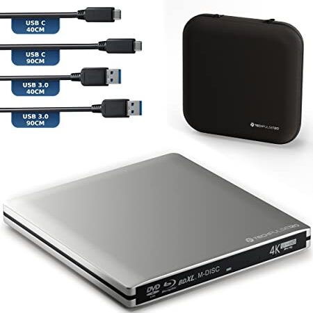 techPulse120 Masterizzatore esterno USB 3.1 Blu-ray DVD CD USB-C UHD 4k 3D M-DISC BDXL HDR10 100GB masterizzatore Burner Superdrive BD Imperator Pacchetto Alluminio Argento