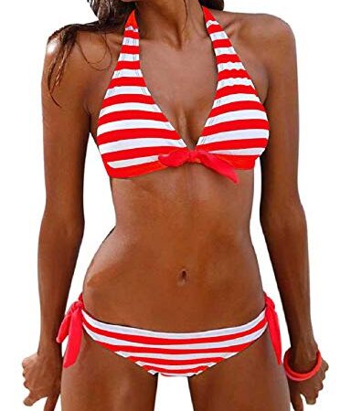 Tuopuda Costumi da Bagno Donna Bikini Due Pezzi Push Up Imbottito Righe Halter Top Reggiseno con Slip Costume Mare Coordinati Sexy Spiaggia Regolabile Brasiliana Bikini Set Estivi Beachwear, Rosso, M