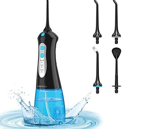 TUREWELL Idropulsore Dentale Portatile, Irrigatore Dentale Professionale con 3 Modalità e 4 Ugelli, IPX7 Impermeab Ricaricabile USB per Famiglia e Viaggi