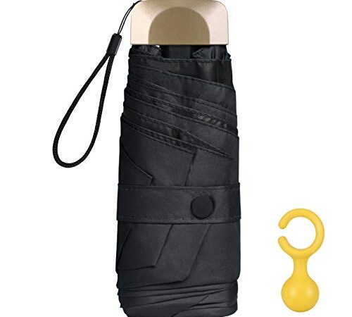 Vicloon Mini Ombrello Tascabile con Manico Dorato & 6 Nervature in Lega di Alluminio, Portatile Compatto Pieghevole Viaggio, UPF 50+ da Sole/Pioggia - Nero