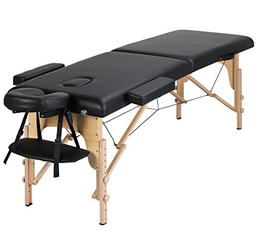 Yaheetech Lettino da Massaggio Portatile Pieghevole a 2 Zone Portata 250 kg in Legno Faggio per Fisioterapia Altezza Regolabile Poggiatesta Briaccioli Rimovibili Sacchetto per Polvere 213 x 60 cm/Nero